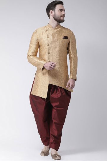 Wedding Wear Fancy Fabric Golden Color Indo Western For Man