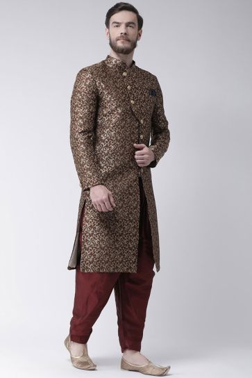 Wedding Wear Fancy Fabric Indo Western For Man In Brown Color