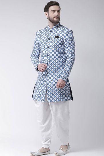 Fancy Fabric Reception Wear Indo Western For Man In Sky Blue Color