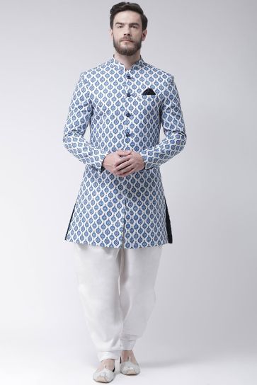 Fancy Fabric Reception Wear Indo Western For Man In Sky Blue Color