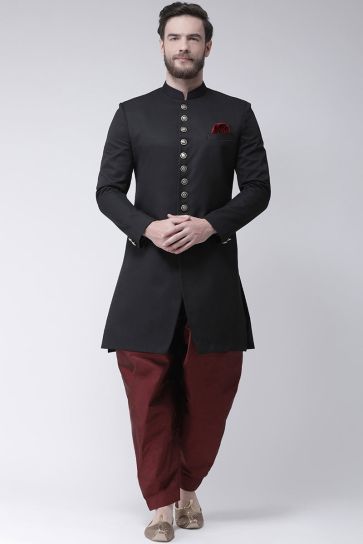 Reception Wear Black Color Indo Western For Man In Fancy Fabric