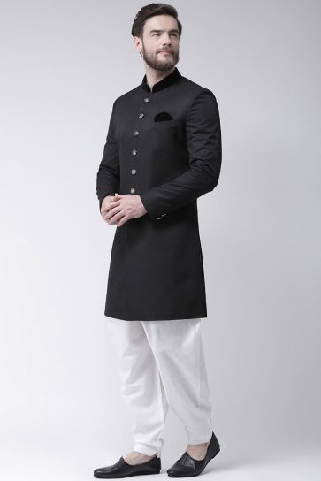 Reception Wear Fancy Fabric Indo Western For Man In Black Color 