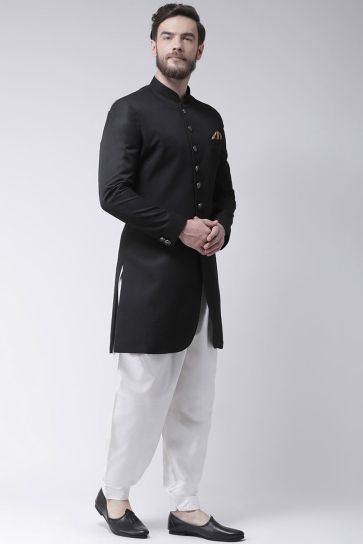 Fancy Fabric Wedding Wear Indo Western For Man In Black Color