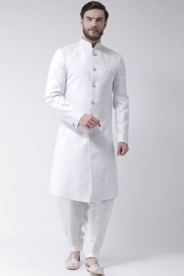 Fancy Fabric Reception Wear Indo Western For Man In White Color