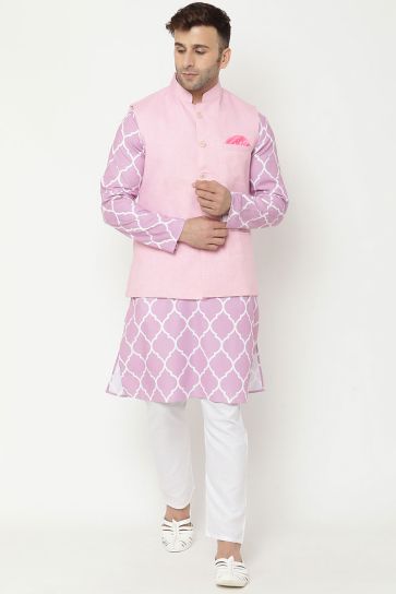 Pink Color Cotton Fabric Wedding Wear Kurta Pyjama With Jacket