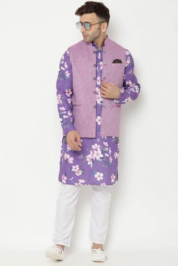 Wedding Wear Purple Color Cotton Fabric Kurta Pyjama With Jacket