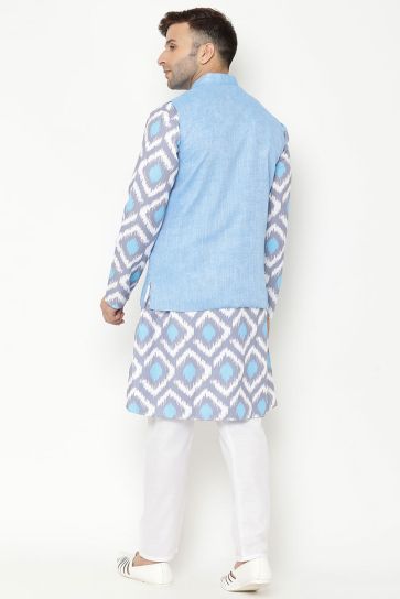 Puja Wear Cotton Fabric Kurta Pyjama With Jacket In Grey Color