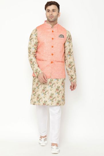 Puja Wear Beige Color Kurta Pyjama In Cotton Fabric