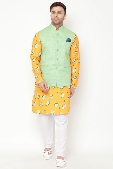 Yellow Color Cotton Fabric Wedding Wear Kurta Pyjama With Jacket