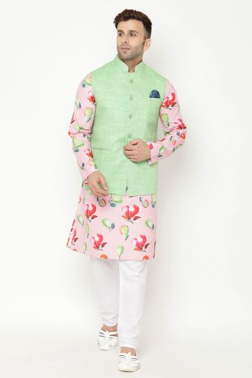 Cotton Fabric Puja Wear Kurta Pyjama In Pink Color