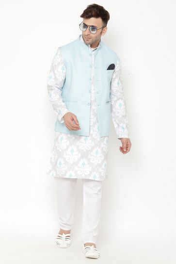 Wedding Wear White Color Cotton Fabric Kurta Pyjama With Jacket