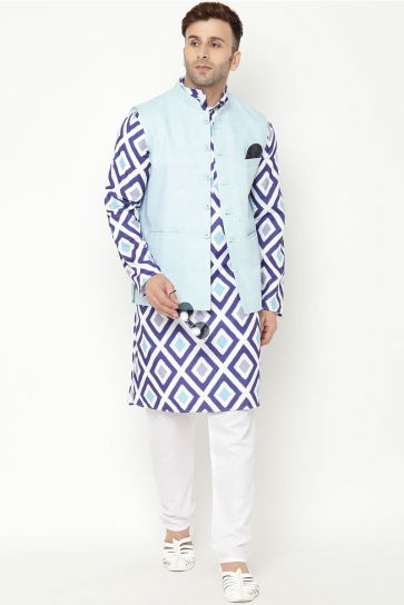 White Color Puja Wear Kurta Pyjama In Cotton Fabric 