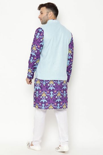 Cotton Fabric Puja Wear Purple Color Kurta Pyjama With Jacket