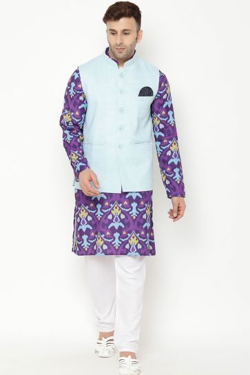 Cotton Fabric Puja Wear Purple Color Kurta Pyjama With Jacket