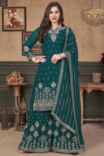 Elegant Embroidered Work Teal Color Georgette Fabric Sangeet Wear Palazzo Suit