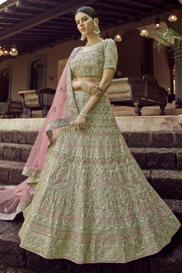 Georgette Fabric Sea Green Color Wedding Wear Lehenga Choli