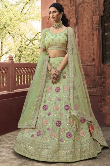Designer Embroidered Wedding Wear Lehenga Choli In Sea Green Color Organza Fabric