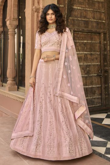 Embroidered Wedding Wear Lehenga Choli In Pink Color Organza Fabric