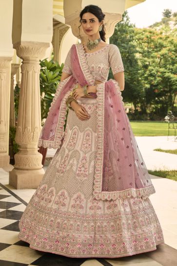 Pink Color Embroidered Wedding Wear Lehenga Choli In Crepe Fabric