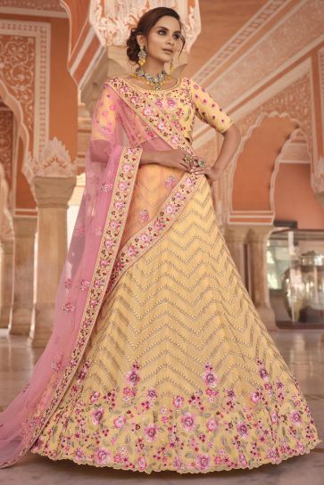 Function Wear Yellow Embroidered Lehenga Choli In Georgette