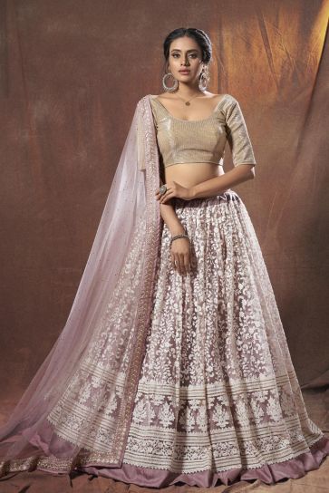 Fancy Work Designs Net Fabric Lavender Color Wedding Wear Lehenga Choli