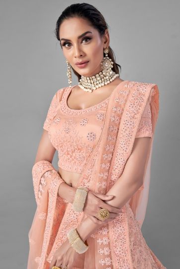 Peach Color Net Fabric Sangeet Wear Thread Embroidered Lehenga Choli