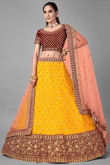 Wedding Wear Yellow Color Thread Embroidered Lehenga Choli