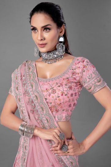 Pink Color Thread Embroidered Designer Wedding Wear Net Fabric Lehenga Choli