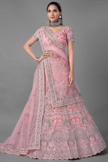 Pink Color Thread Embroidered Designer Wedding Wear Net Fabric Lehenga Choli
