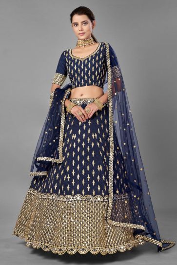 Art Silk Fabric Navy Blue Color Wedding Wear Fancy Work Lehenga Choli