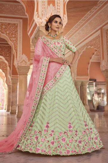 Georgette Fabric Sea Green Color Majestic Embroidered Wedding Wear Lehenga Choli