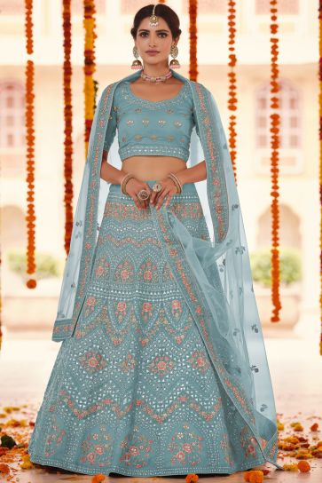 Beautifull Cyan Color Wedding Wear Lehenga Featuring Vartika Singh In Organza Fabric