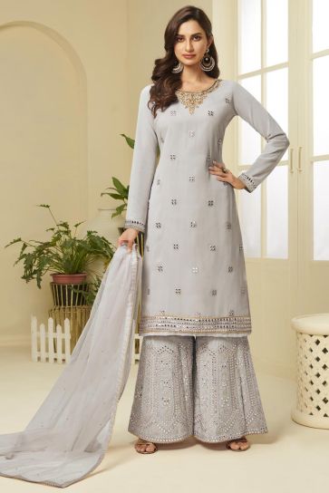 Grey Color Function Wear Fancy Embroidered Georgette Fabric Sharara Suit