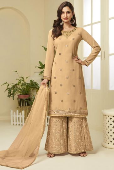Peach Color Function Wear Fancy Embroidered Georgette Fabric Sharara Dress