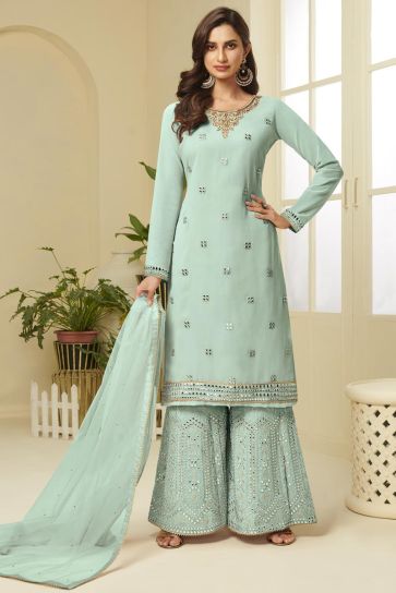 Sea Green Color Georgette Fabric Function Wear Fancy Embroidered Sharara Dress
