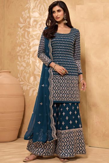 Georgette Fabric Party Style Embroidered Sharara Suit In Teal Color