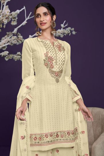 Georgette Fabric Party Wear Beige Color Embroidered Palazzo Suit