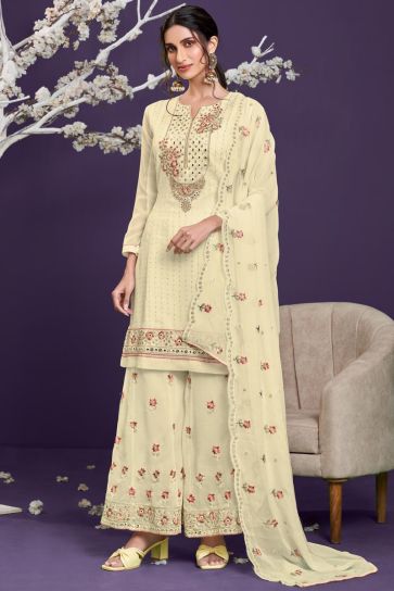 Georgette Fabric Party Wear Beige Color Embroidered Palazzo Suit