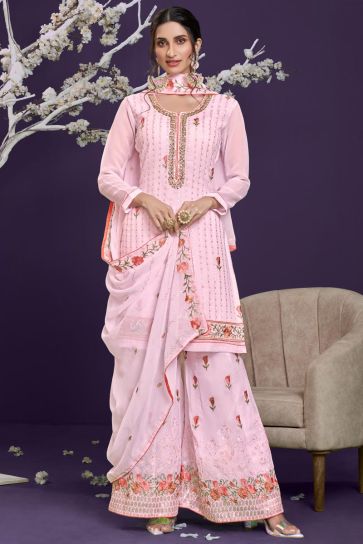 Pink Color Georgette Fabric Festive Wear Embroidered Palazzo Suit