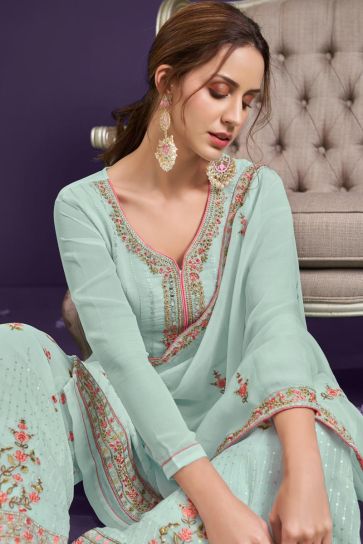 Georgette Fabric Function Wear Embroidered Palazzo Suit In Sea Green Color