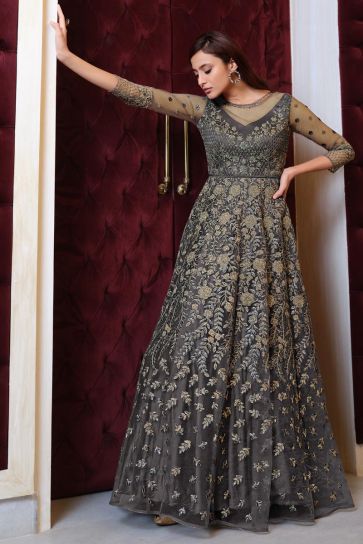 Net Fabric Embroidered Rception Wear Stylish Gown Style Anarkali Suit In Grey Color