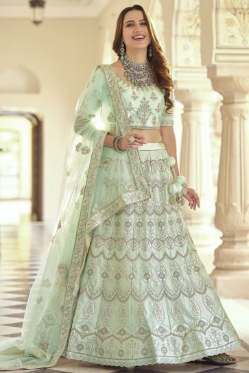 Marvelous Sea Green Color Crepe Febric Lehenga With Embroidered Work