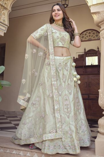 Crepe Fabric Sea Green Color Superior Lehenga With Embroidered Work