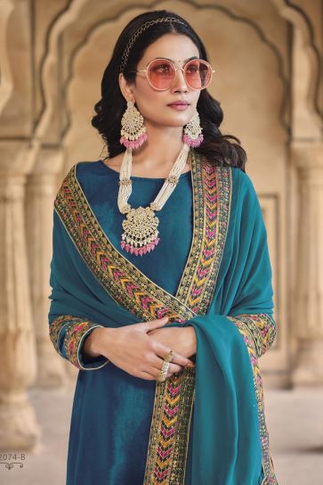 Teal Color Fabulous Velvet Salwar Suit In Function Wear