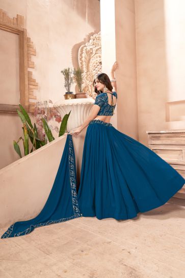Blue Sequins Work On Georgette Sangeet Wear Lehenga Choli With Beautiful Blouse