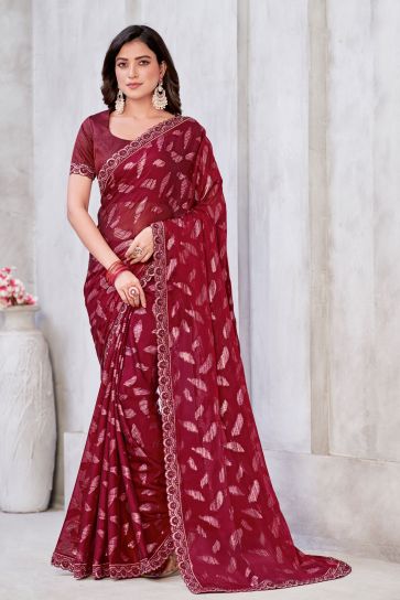 Red Color Exquisite Zari Jacquard Weaving Work Georgette Saree