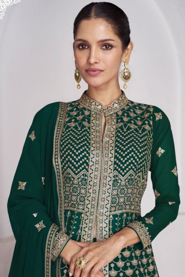 Vartika Singh Green Color Luminous Readymade Georgette Sharara Top Lehenga