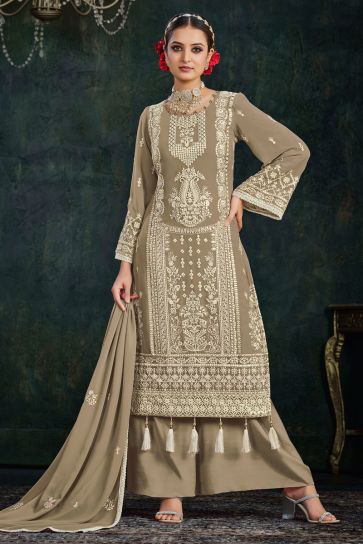 Georgette Fabric Reception Wear Embroidered Palazzo Salwar Kameez In Dark Beige Color