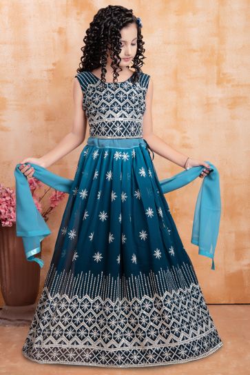 Blue Color Engaging Kids Lehenga With Lucknowi Work
