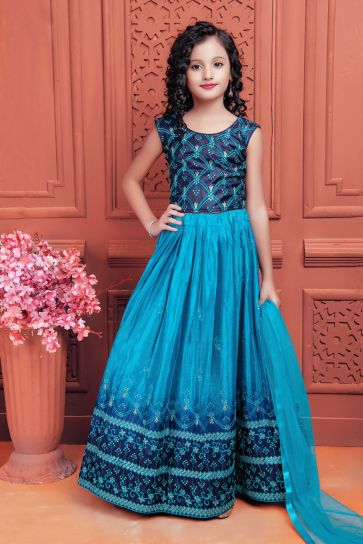 Sky Blue Color Chinon Silk Fabric Function Wear Embroidered Kids Lehenga Choli